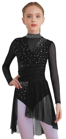 Aislor Robe Danse Contemporaine Compétitions Enfant Fille Robe De Danse Lyrique Patinage Artistique Strass Pailletté Tutu Jupe Ballet Noir 9-10 Ans