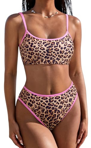 SUUKSESS Women High Waisted Two Piece Bikini Sets Cheeky High Cut Bandeau Swimsuits Push Up Bathing Suit(Leopard Pink,M)