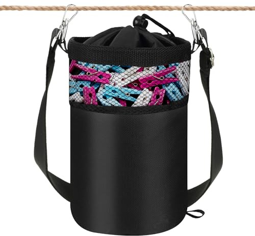 WinHoliLux Borsa per mollette per stendibiancheria con gancio, cestino nero con gancio a scatto e cordino di chiusura, per mollette da bucato, per uso interno ed esterno