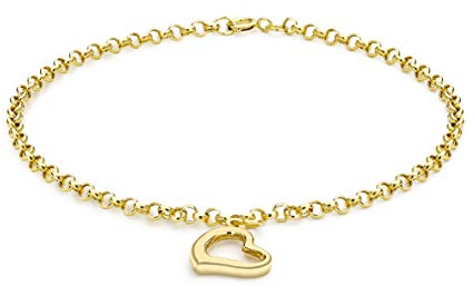 CARISSIMA Women's 9 ct Yellow Gold Heart Charm 2 mm Round Belcher Chain Bracelet of Length 18 cm/7 Inch