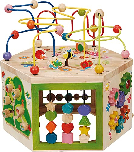 EverEarth 7 in 1 großer Motorikwürfel aus nachhaltigem Holz - Kinderspielzeug mit Motorikschleife 39 x 35,5 x 41 cm - Kinder Spiele Center mit unbedenklichen Wasserfarben - Spielwürfel EE33285