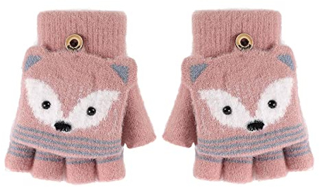 Kids Toddlers Cartoon Knitted Gloves Little Girls Boys Animal Theme Fox Mitts Mittens Winter Warm Soft Half Finger Gloves with Flip Top for 3-8 Yrs