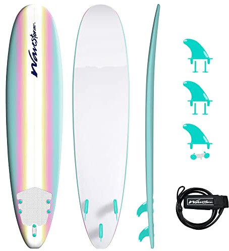WAVESTORM Classic Soft Top Foam 8ft Surfboard | Surfboard for Beginners and All Surfing Levels | Complete Set Includes Leash and Multiple Fins | Heat Laminated