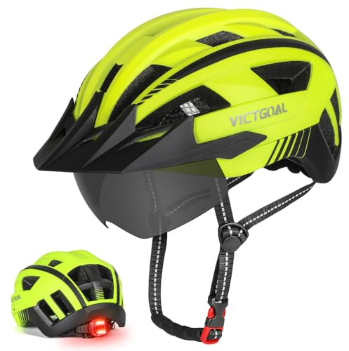 Bike Helmet for Men Women with Rear LED Light, Visor and Magnetic Goggles