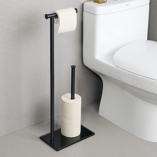 SAYAYO Porte Papier Toilette sur Pied Distributeur Papier Toilette Rangement Papier Toilette, Base en Verre Trempé et Tige en Acier Inoxydable pour Salle de Bain, Noir, EGKN250X150LD-B