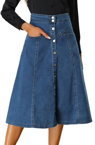 Allegra K Womens' Jean Stretchy High Waist Buttons Front A-Line Flowy Denim Midi Skirts with Pocket Blue L