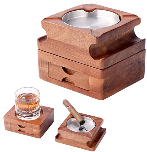 Cigar Ashtray Gift Set Wooden Ashtray with Whiskey Glass Tray Wooden Ash Tray Stainless Steel Inner Liner with Drawer for Cigar Cutter & Jet Torch Lighter, Cigar Ashtray Coaster Cigar Accessories