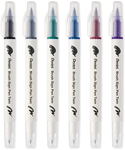 Pentel SESW30C Brush Sign Pen Twin Fibre Tip Pen - Double Ended - Water-based Ink - Dark Pack of 6 - Black, Light Grey, Dark Green, Steel Blue, Dark Red & Violet Ink