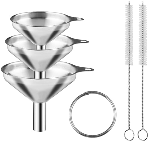 Imbuto in Acciaio Inox, Mezzar 3 Pezzi Set Imbuto Piccolo da Cucina con Spazzola Detergente e Anello Appeso per Trasferire Liquidi Olio Succo Vino Marmellata