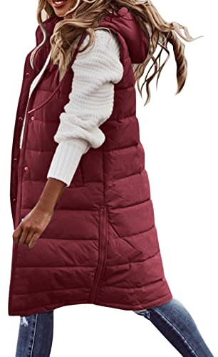 Duohropke Chaleco acolchado largo con capucha para mujer, chaleco largo, chaqueta acolchada, chaqueta de plumón, chaqueta para exteriores, chaleco de invierno, abrigos, burdeos, XXL