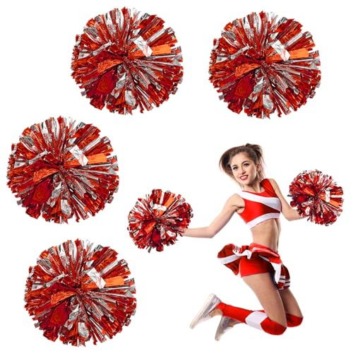 DSLSQD 4 Pack Cheerleading Pom Poms, 8.7 Inch Cheerleader Pompoms with Baton Handle for Teen Girls School Sports Games Dance Party Cheering (Red and Silver)