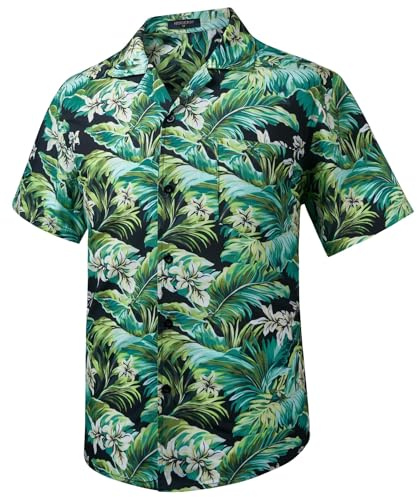 HISDERN Hawaiian Shirts for Men Short Sleeve Summer Funky Hawaii Shirt Short-Sleeved Regular Fit Beach Cuban Collar Button Down Flowers Leaves Shirts with Pocket Green 4XL