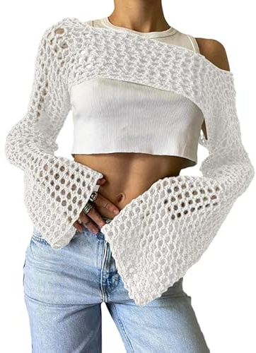 hathne Women Hollow Out Sweater Crop Flounce Off See Through Crochet Top Trumpet Long Sleeve Knit Top(White,M)