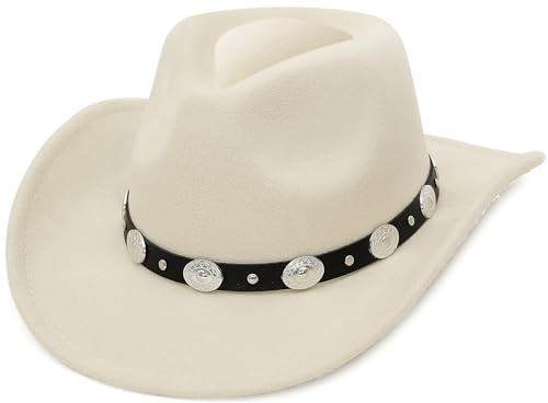 EOZY - Sombrero de vaquero occidental de fieltro tipo Fedora para mujer y hombre, de ala ancha, sombrero de vaquera para exteriores con hebilla de cinturón, Beige-1, 7 / 7 1/4