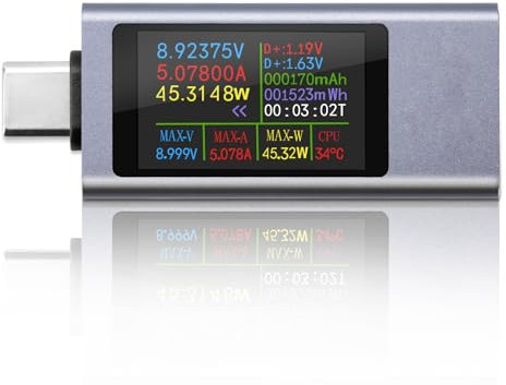 Heemol USB Tester Messgerät Digital Multimeter für USB-C(4-30V 0-12A),Amperemeter,Ladeleistung Messen,Spannungsmesser, Strommessgerät & Power Meter,PD-Kabeltester mit Leistungskapazitätsdetekto