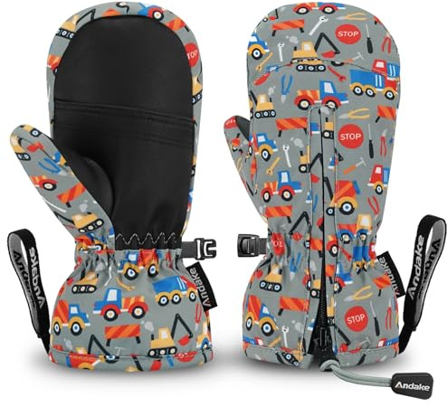 Andake Enfants Gants de Ski, 3M Thinsulate 2-7 Ans Garçons et Filles Gants d'hiver Warm Imperméable Coupe-Vent Thermique Mitaines pour Ski, Snowball, Patin à Glace (Voiture Jouet, XS(ca. 5-8 Ans))