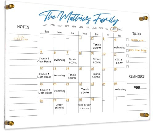 Clear Acrylic Calendar Dry Erase for Wall, Family Planner, Monthly Calendar Dry Erase Whiteboard for Home, Office, 24 x 16 Reusable White Board（YL-4060）