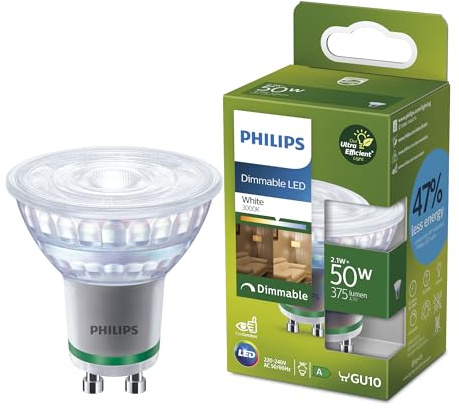 Philips LED-Glühbirne klassisch, UltraEffizient, 50W, 485Lm, B35, GU10 2700K, mattes Glas, dimmbar, Klar