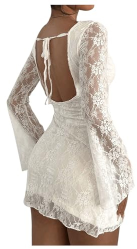 SOLY HUX Women's Lace Mini Dress Tie Backless Bell Long Sleeve Crew Neck Bodycon Dresses Pure White Medium