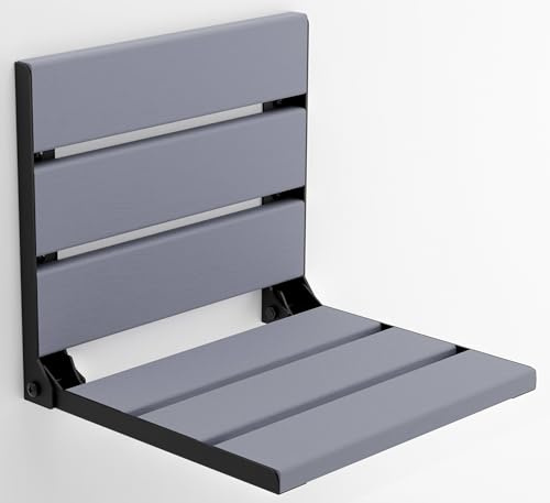 Folding Wall Mounted Teak Wood Shower Seat, ADA Compliant Durable Bath Bench, Sturdy Space-Saving Bathroom Stool, Fold Up Easy Folding Handmade Compact Chair (Gray, Large)