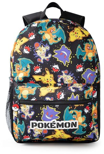 Pokémon Sac à dos Pikachu Charizard Gengar Meowth en noir | Personnage pour enfants All Over Print Bag | Bretelles réglables, poche avant et support en filet