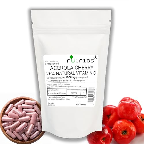 Nutrics® 1000mg ACEROLA Cherry Extract 2 Months Supply 60 Vegan Capsules Natural Vitamin C Pure Freeze Dried Standardised 26% 44:1 Extract Ratio Strong Safe & Effective