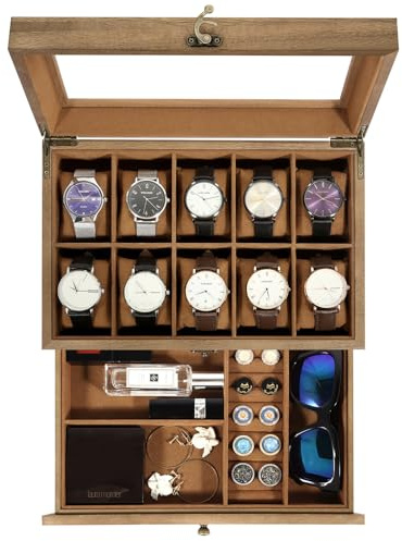 Uten Boîte à Montres 10 Compartiments, 2 Niveaux Coffret à Montres en Bois, Couvercle en Verre, Coffret de Rangement pour Montres, Coussinets Coton de Soie, Doublure Marron, Idée Cadeau