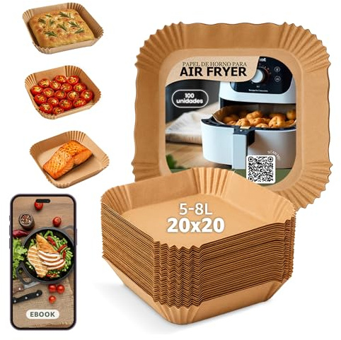 Papel Para Freidora De Aire Cuadrado 100 Piezas, 20 x 20 cm, Protector Para Bandeja De Horno Desechable, Para Base Air Fryer, Incluye Recetario