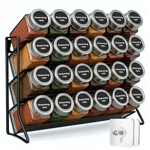 UAVAUI 4 Tier Spice Rack, Seasoning Storage Rack with Adhesive Hooks Kitchen Seasoning Sorting and Storage, Suitable for Cabinets, Kitchen Countertops, Wall
