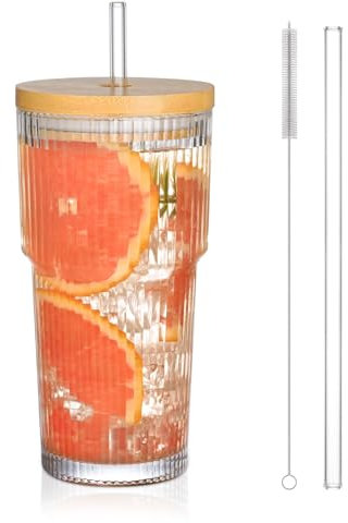 Kabwea 20 Oz Vaso de Vidrio Acanalado con Tapa y Pajita, 600ml Vaso con Tapa y Pajita, Vaso para Matcha, Vasos Matcha (1 Pajita y 1 Cepillo)