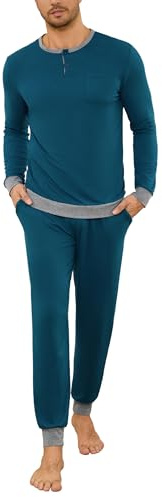 Leversic Pijamas Hombre Invierno Camisa Henley de Manga Larga Ropa de Dormir Sencilla en Color Liso Top y Pantalones Largos de Lounge con Bolsillos(Azul de Cobalto1,L)