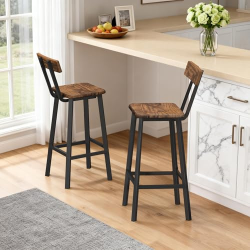 MAHANCRIS Bar Stools, Set of 2 Bar Chairs with Backrest and Footrest, 26 Breakfast Chairs, Counter Stools for Bar, Living Room, Kitchen, and Dining Room, Rustic Brown and Black BAHR05101