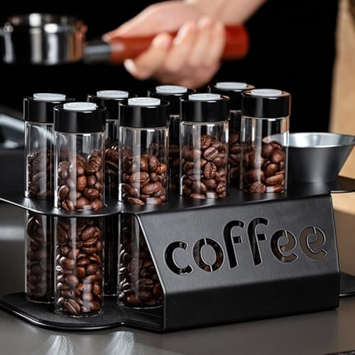 ISHEWUDU Coffee Bean Storage Airtight Coffee Container, 8-Pack 22g Glass Canisters with One-Way Valves & Metal Stand, Dispenser Organizer with Funnel for Kitchen Countertop, Coffee Bar