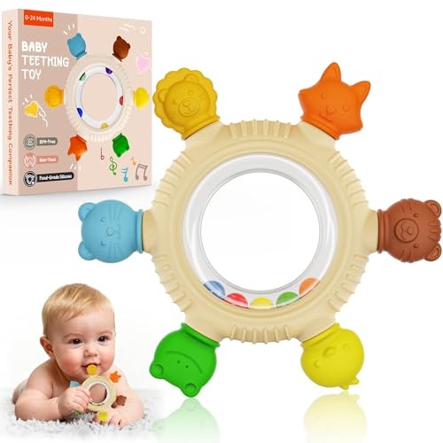 Azrra Teething Toys for Baby, Silicone Teething Rattles Ring, BPA Free | Teether Chew Toy with Rattle Sensory Toys for Infants and Newborns Essential for Boys and Girls
