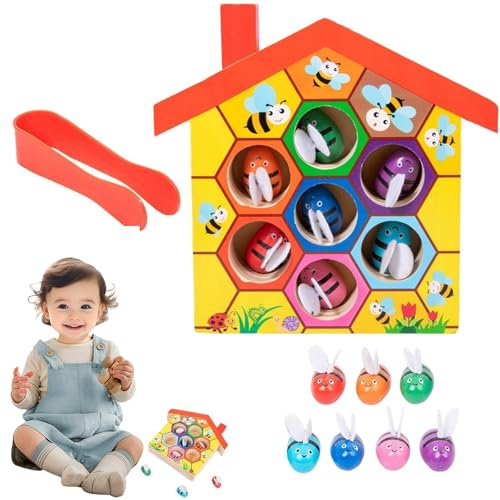 Tudegy Wooden Fishing Game Toy,Bee Hive Color Sorter,Montessori Toys,Hand Eye Coordination Sensory Game,Toddler Educational Gift for Colour Recognition Motor Skills Development