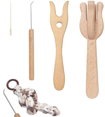 4-pack trä stickgaffel flätad vävning Craft Tool Kit | Fyra stickgafflar i trä skapar flätade snören för att sticka vävning och DIY-hantverksprojekt.
