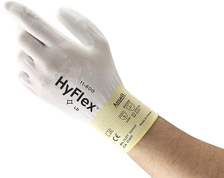 HyFlex 11-600 Multi-Purpose Light Duty Industrial Gloves w/ Palm Coating for Metal Fabrication, Machinery, Automotive - Size 8, White (12 Pairs)