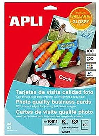 APLI 10611 - Bolsa de 10 hojas tarjetas visita, 89 x 51 mm, para impresión, color glossy