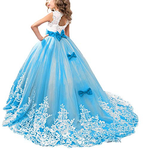 FYMNSI Vestito da Prima Comunione per Bambini Ragazza di Fiori Maxi Abito Lungo Tulle Vintage Pizzo Principessa Senza Maniche Abito da Cerimonia Formale Nuziale Damigella d'Onore Cielo Blu 10-11 Anni