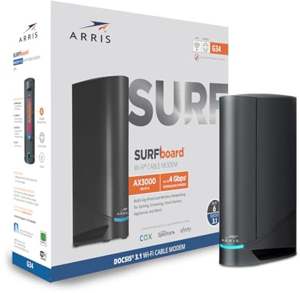 ARRIS (G34) - Cable Modem Router Combo - Fast DOCSIS 3.1 Gigabit WiFi 6 (AX3000), Approved for Comcast Xfinity, Cox, Spectrum & More, 1 Gbps Max Internet Speeds