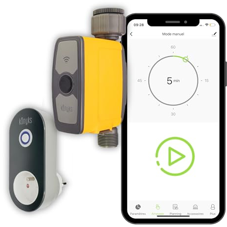 Kit d'arrosage Connecté-Inclus Robinet avec Hub/Prise Longue portée pour Jardin, Konyks Hydro, Commande Via APP, Google Home & Alexa-Scénario domotique Jaune/Gris