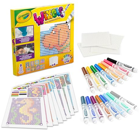 CRAYOLA Wixels, Touche pour colorier, Lave et Réutilise, 8 Motifs, 16 Feutres Ultra Lavables pointe large, Pixel Art