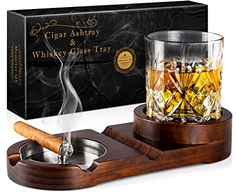 Monsiter QE Ceniceros de cigarros, bandeja de vidrio de whisky y soporte para puros para interiores y exteriores, cenicero de madera desmontable para cigarrillos, accesorios de puros, decoración para