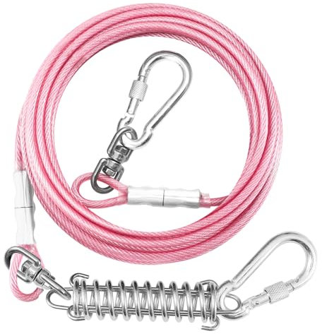 Cable de amarre para perro para exterior, correa de perro de 20 pies de largo y cadenas con gancho giratorio y resorte de choque, cable de corredor de perro pequeño y grande para patio, línea de plomo
