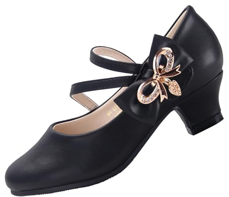 EIGHT KM Filles Chaussures Habillées à Talons Hauts Mary Jane Princesse Escarpins de Fête de Mariage EKM7035 Cuir Microfibre Athena Noeud Métallique Noir Taille UE 34