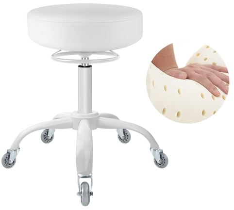 OUTMASTER Rollhocker höhenverstellbar mit Rollen - 50-62cm，bis 180 kg belastbare Arbeitshocker，360° Drehhocker Hocker für Salon und Spa,aus Leder Hocker (Alles weiß)