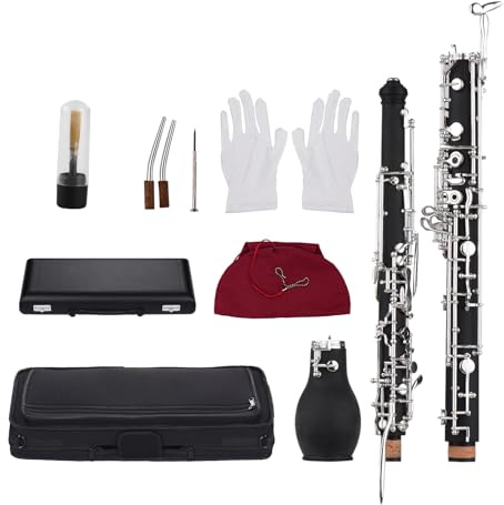 HUIOP oboe,Cuerno inglés profesional Alto Oboe F Tecla Cuerpo de madera sintética Teclas plateadas Instrumento de viento de madera con guantes de caña Paño de limpieza Estuche Mini destornillador,oboe