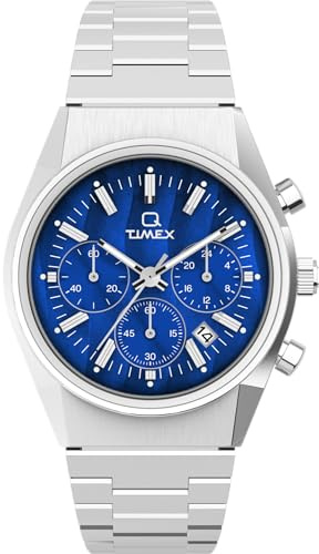 Timex Orologio da uomo Q Falcon Eye, cronografo, 40 mm, cinturino in acciaio inox, quadrante blu, cassa in acciaio inox TW2W33700