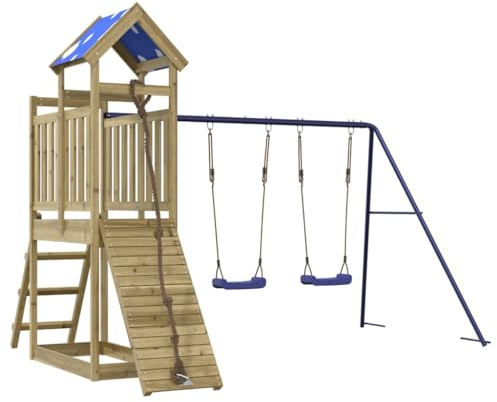 vidaXL Rustic/Playful Wooden Playground Equipment Play Tower with Climbing Wall Rope Swing Ladder Sandpit, Pine Wood Impregnated