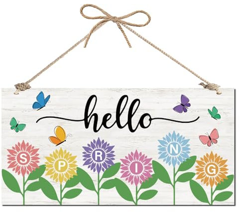 CREATCABIN Panneau Porte D'Entrée Hello Boho Fleur Papillon Printemps Panneau Bois Plaque Rustique Ferme Décorative Floral Bienvenue Panneau Porte Suspendre pour Extérieur Maison Décoration 30x15cm